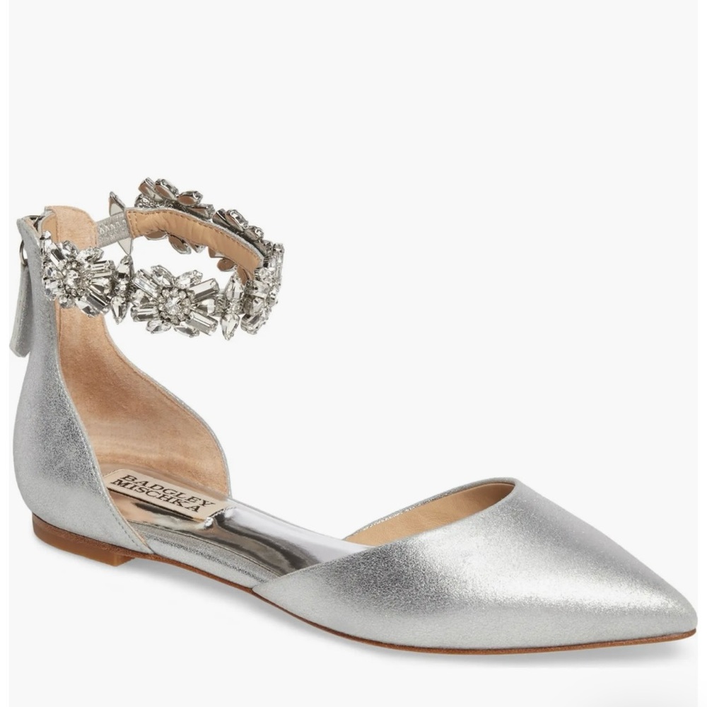 Badgley Mischka Morgen Silver Crystal Ankle Strap Pointed Toe Flats Size 8.5